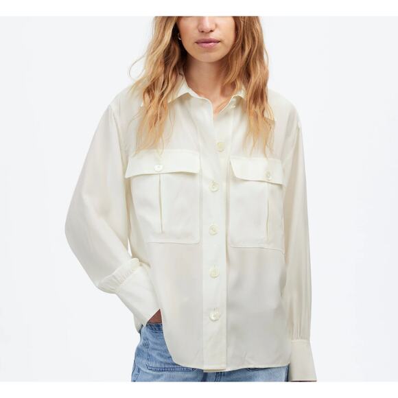 Madewell Women's 100% Silk Button Utility Pocket Shirt Blouse L Large New Flaw - Picture 1 of 13